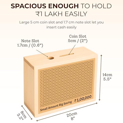 Image of Unbreakable, Lockable Wooden Money Saving Box for Adults - 1 Lakh Capacity | Reusable Piggy Bank | Money Bank with Amount 100000 | 1 Yr Warranty