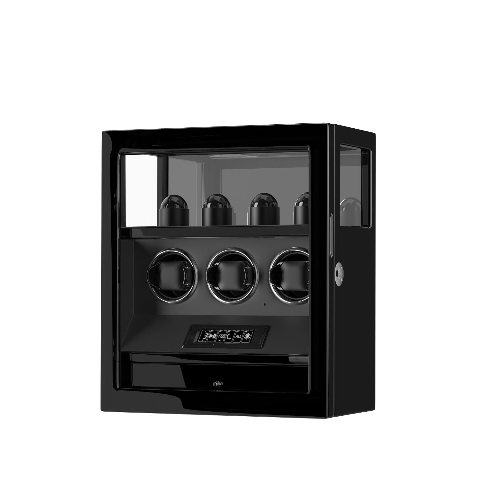 DUKWIN Fingerprint Lock Watch Winder with 300 to 2300 TPD for 3 Automatic Watches,Digital Display Winders with 4 Holders,Jewelry Storage,White LED and Adjustable Watches Mat for Watch Lover, Black