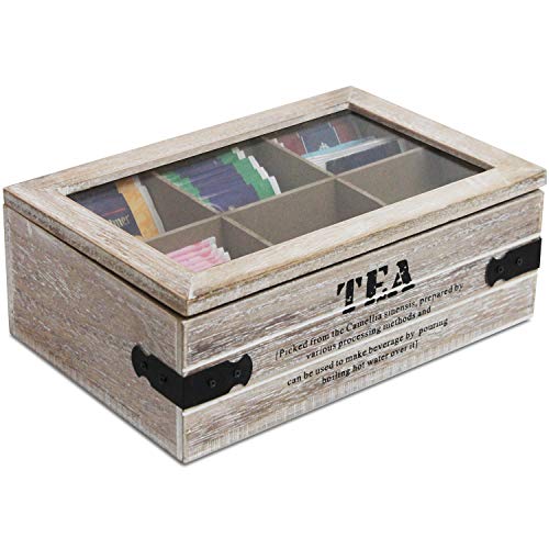 Caja para té con ventana y 6 compartimentos, 24 x 16 x 8 cm, color natural/negro, caja de madera, caja para té