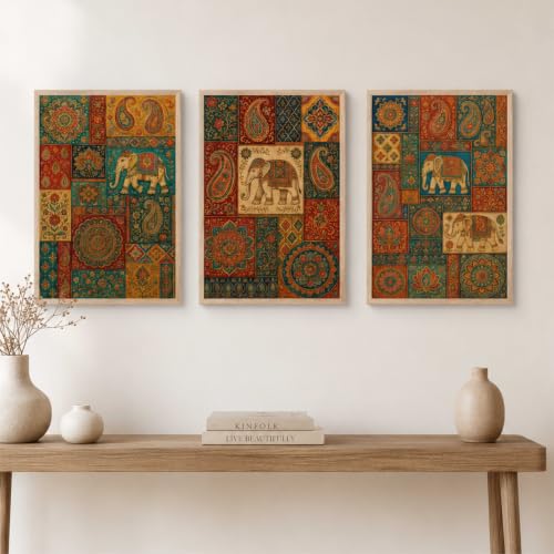 Image of Livin'luxe Set of 3 Rajasthani Elephant Patchwork Wall Paintings for Living Room Bedroom Home Decor with Premium Wooden Color Synthetic Frame (13.5 x 19.5 Inch) NM03-63