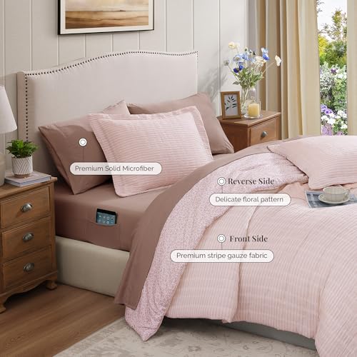 Queen Comforter Set - 7 Pieces Pink Gauze Muslin Bedding Sets for All Seasons, Lightweight Breathable Bed in a Bag Queen with Revesible Farmhouse Comforter, Sheets, Pillowcases & Shams