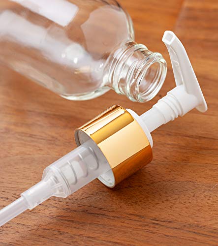 JUVITUS 4 oz Clear Boston Round Thick Plated Glass Bottle with Gold Lotion Pump (12 Pack) + Funnel - Perfect for Home Decor, Kitchen, Bathroom, Guest, Essential Oils, DIY, Wedding/Shower Gifts4