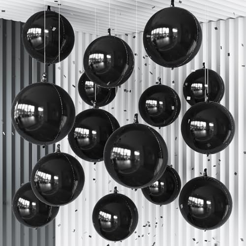 Image of 14 Pcs Black Round Foil Balloons Halloween Black 4D Ball Balloons