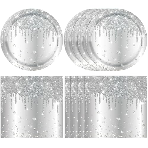 40PCS Silver Birthday Decorations Silver Glitter Happy Birthday Decoration Diamond Plates and Napkins Tablecloth for Men Women Birthday Party Supplies