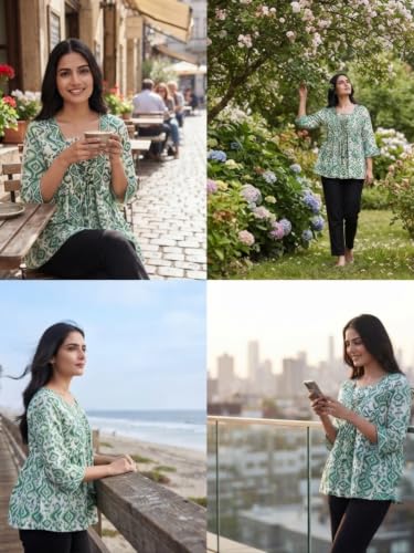 Image of Leriya Fashion Women's Rayon Paisley Printed Regular Fit Tunic Western Tops Short Kurti Comfortable Everyday Wear & Half Sleeves, Collar Neck (Available in Plus Size)