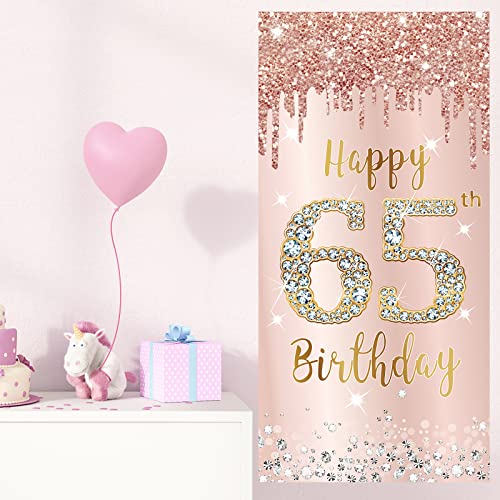 Image of 65th Birthday Decorations Door Banner for Women, Pink Rose Gold Happy 65 Birthday Backdrop Party Supplies, 65 Year Old Birthday Poster Door Cover Sign Decor