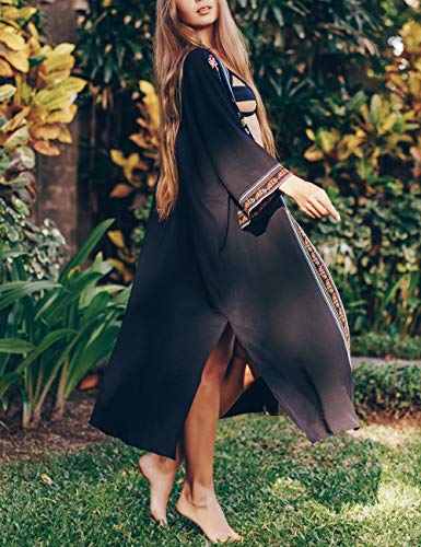 Bsubseach Women Black Embroidered Kimono Cardigan 3/4 Sleeve Open Front Bathing Suit Cover Up Swimwear #TOP3
