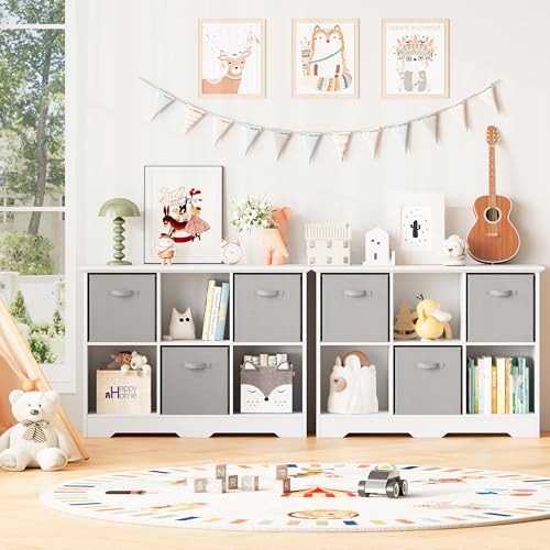 Image of 6 Cube Storage Organizer Shelf, Wood Cubby Storage with 3 Fabric Drawers, 2 Tier Wooden Bookshelf with 2 Adjustable Shelves & Fluted Side Panels for Bedroom, Living Room, Home Office, White