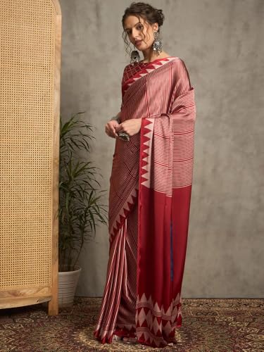 Image of AKHILAM Women's Pure Crepe Striped Printed Saree With Unstitched Blouse Piece