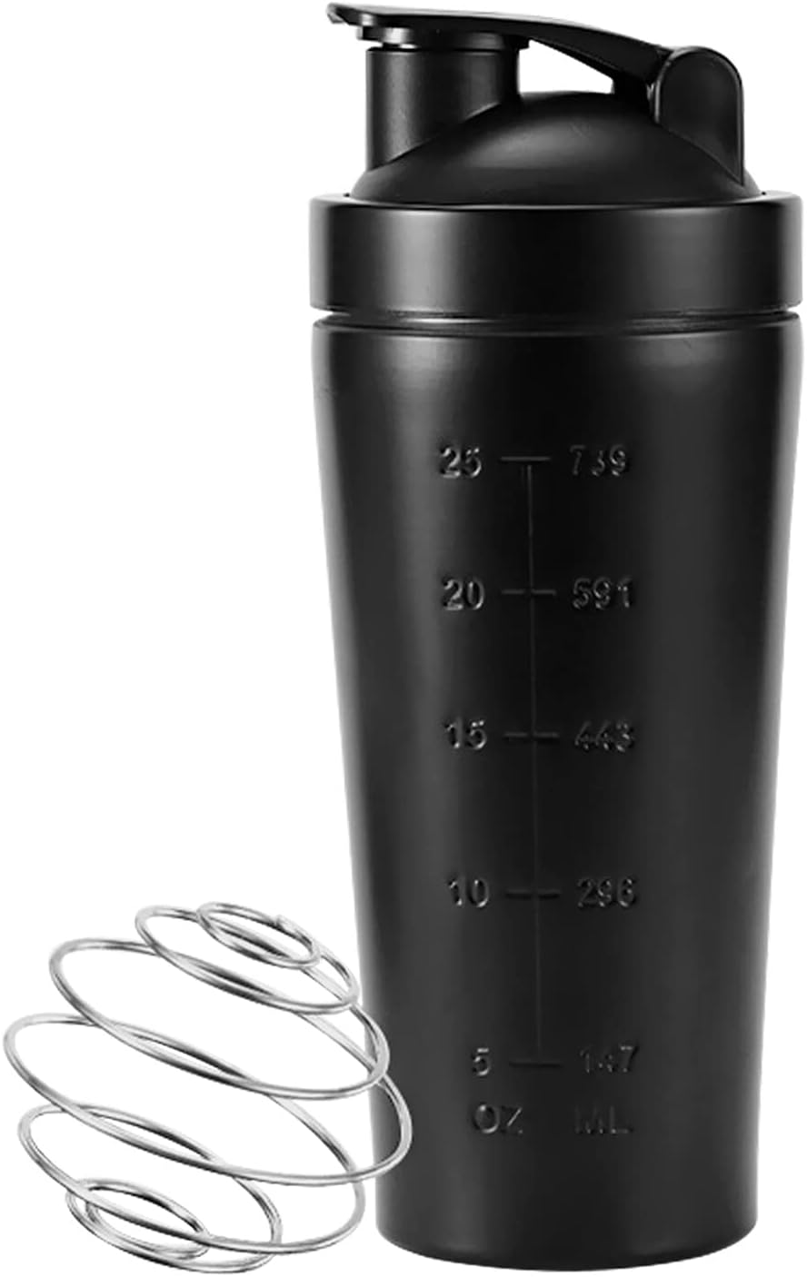 Shaker Bottle With Wire Whisk, Protein For Mixes, Stainless Steel Bottle, Metal Bottle,Large 25Oz (739Ml), Bpa Free,Leak Proof Design (Black)