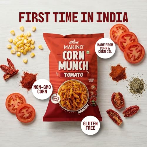 Image of Makino Corn Munch Tomato Flavour Snacks, Ready to Eat, 150g (Pack of 3) - First Time in India | Tangy & Refreshing Flavour, Everyone's Favourite Snack For All Occasions | No MSG, Non-GMO Corn, Zero Trans Fat, Gluten Free