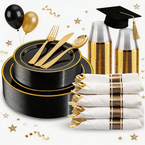 WDF Partyware 175PCS Black and Gold Plates - Black Disposable Plates for Party - 25Guests Disposable Dinnerware Set for Graduation Wedding Party Birthday