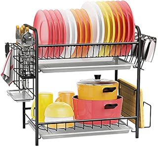 2-tier dish rack storage box with cutlery knife holder and cutting board holder Anti-rust cutlery drainer with removable drain plate for kitchen counter storage