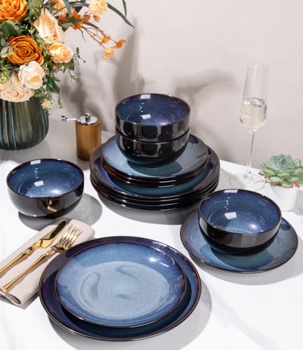 Image of LERATIO Ceramic Dinnerware Sets for 4,16-Piece Reactive Glaze Plates and Bowls Set with Mugs,Highly Chip and Crack Resistant | Dishwasher,Microwave & Oven Safe Dishes set-Blue
