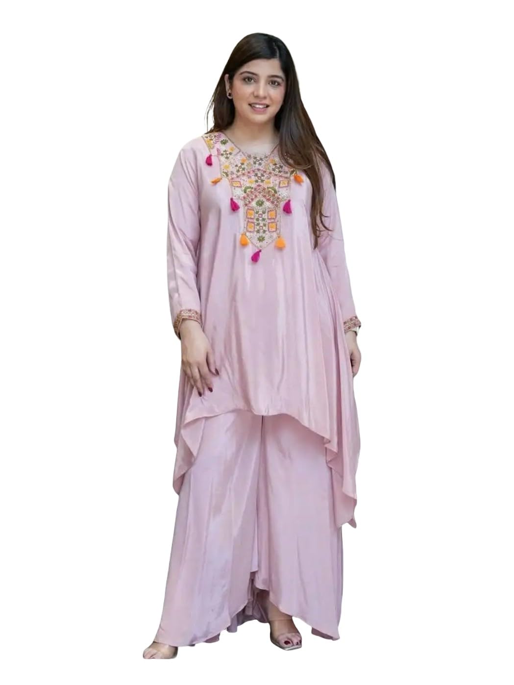 Women Pink Embroidered Kurta with Draped Palazzo Set (IN, Alpha, XL, Regular, Yellow)