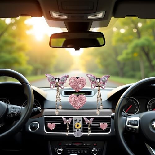 Image of 4 Pcs Pink Heart and Butterfly Pandent Air Vent Clips, Bling Heart Air Fresheners Vents Clips Diamond Car Interior Decor Bling Cute Car Accessories + Sunflower Mask Hook