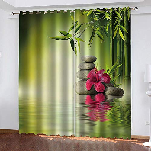 GDYRBY Rideau Salon Occultant Moderne - 3D Pierre Zen De Feuille De Bambou Motif Rideaux À Oeillets 220X210cm Rideaux Décoration De Fenêtre pour Chambre Et Cuisine - Rideaux Isolant Thermique Et Phon