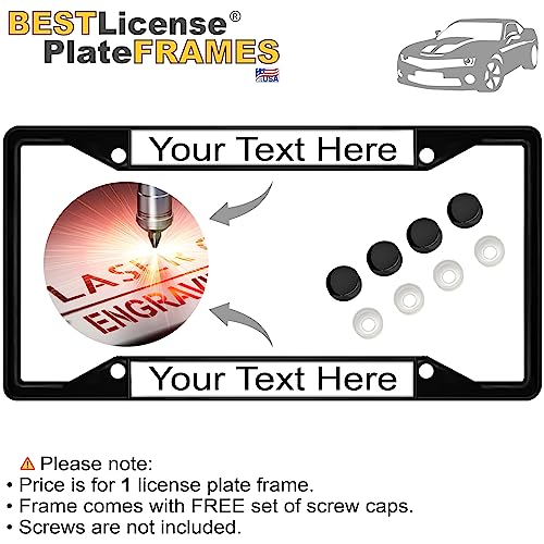 Image of Personalized with Custom Text Design - 4 Hole Black Metal Laser Engraved US Standard Size - Car License Plate Frame with Free caps - White /Black Text (Qty: 1 Frame)