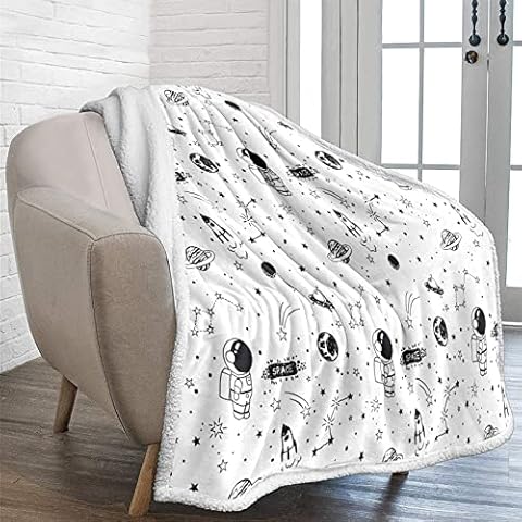 Kids Blankets Throws Sherpa Fleece Throw Blanket Black And White Galaxy Space Universe Stars Astronauts Printed Sofa Blanket Soft Fuzzy Room Decor Gift 150x200cm Cover