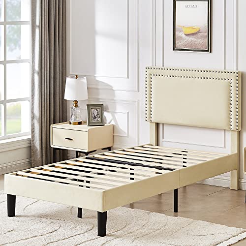 Vecelo Twin Size Platform Bed Frame With Height Adjustable Upholstered Headboard, Modern Mattress Foundation,Strong Wood Slat Support, No Box Spring Needed, Easy Assembly #TOP6