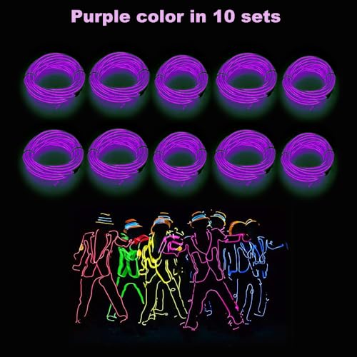 Image of MaxLax EL Wire Purple 10-Pack, 9ft /2.75m Neon Light Wire with Noise Reduction and Battery Pack