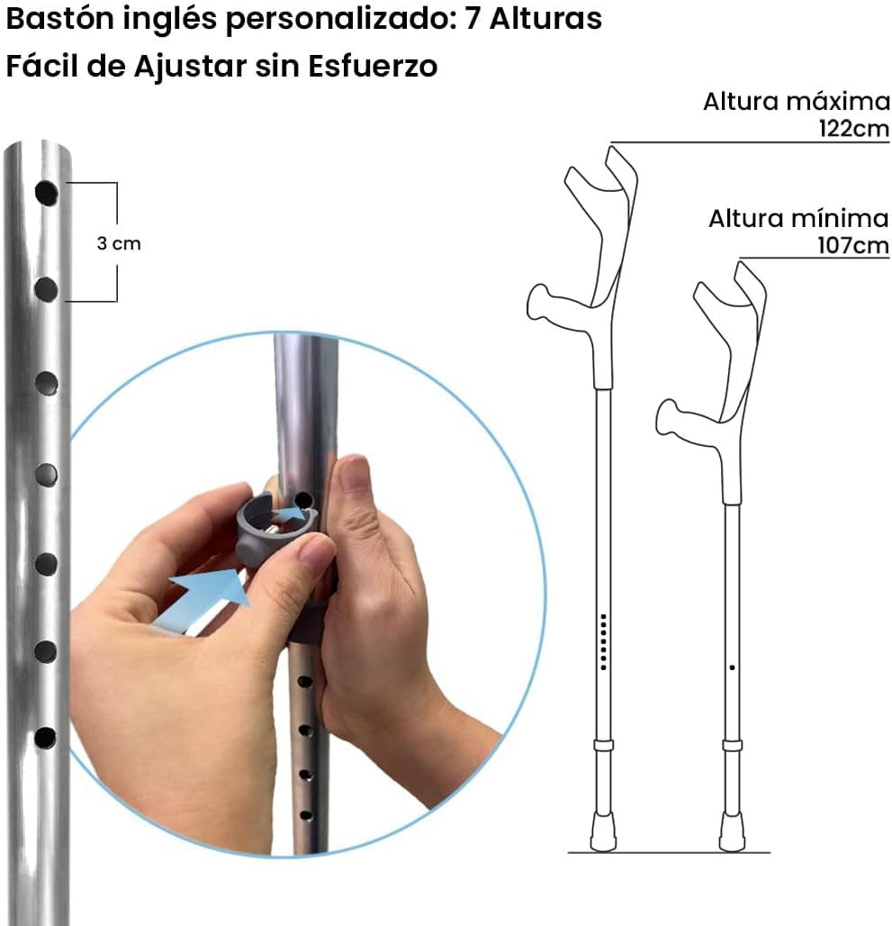 2 Muletas Inglesas para Adulto, Tipo Codo, Regulables, de Aluminio, Negro - Ayuda Técnica para Deambulación y Roturas Óseas (2 Unidades) Par de Muletas ajustables, con agarre cómodo