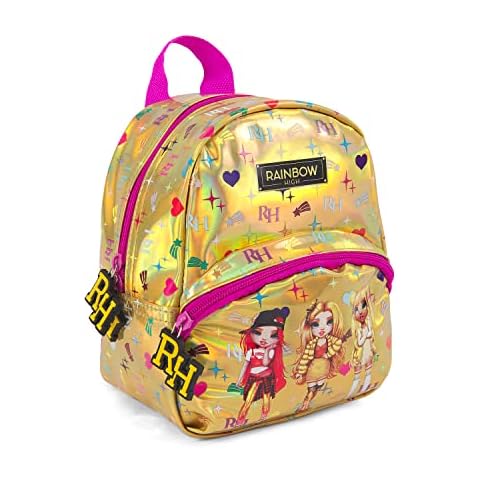 Rainbow High Mini Fashion Backpack for Girls - Kids Rucksack School Kindergarten with Front Pocket Purple Yellow - Small Multicolour Daypack Ruby Poppy Sunny with Glitter - 21x17x12 cm - Perletti Cover