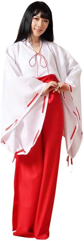 Positive CostumeWomen's White Kimono Red Hakama Pants Outfit Japanese Anime Kikyo Miko Kimono Cosplay Halloween Witch Costume