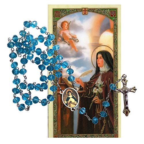 Saint Catherine of Siena Patron of Italy Aquamarine Crystal Faceted Rondelle 8mm Beads Rosary with Silver Plated Crucifix and Medal Centerpiece Includes a Prayer Card2