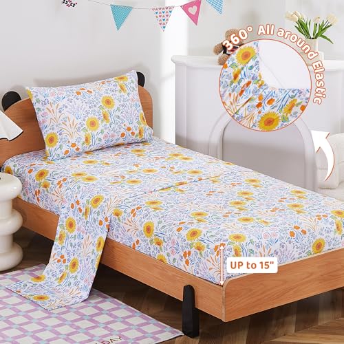 Image of Viviland 3 Pieces Girls Floral Spring Twin Sheet Set - Soft Microfiber Fitted Flat Sheets & Pillowcase Bed Sheet Set - Summer Sunflower Print Bedding Sets for Kids