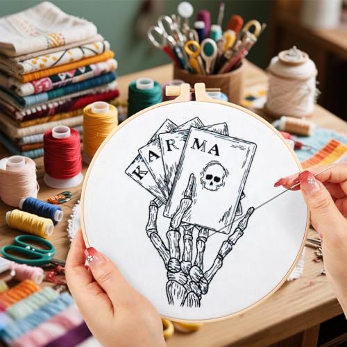 Image of Gothic Tarot Embroidery Kits for Beginners Adults, Halloween Hand Bone Embroidery Starter Kits, Skull Cross Stitch Kits for Beginner Adults Hobbies for Women, Embroidery Fabric, Hoops & Video Tutorial