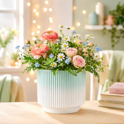 Image of Xtore Elegant Ribbed Ceramic Planter for Home & Office Decor | Modern Indoor Flower Pot with Soft Aqua-Toned Interior for Living Room, Bedroom, Desk, Shelf, Balcony & Window Styling (Shaded Green)