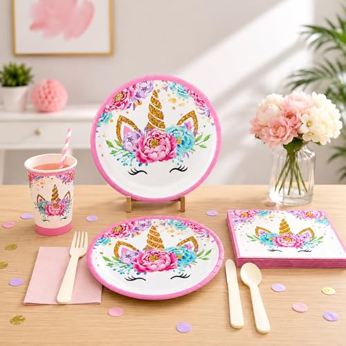 Image of Rozi Decoration Unicorn Party Supplies Set 28Pcs Plates Cups Napkins Pink