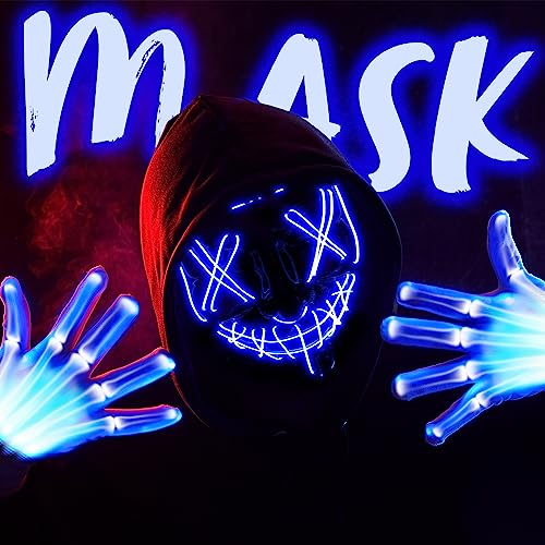 Image of JOYIN Halloween Led Mask, Light Up Mask and Gloves for Cosplay Costume (Blue), 3 Modes Scary Glow in The Dark Masks for Boys Girls Halloween Party Dress Up Accessories, Gifts Giving