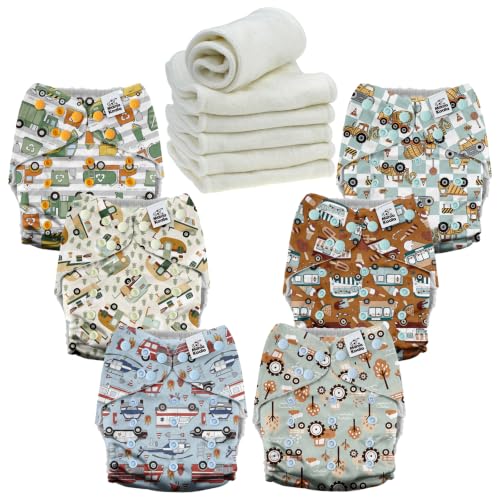 Image of Mama Koala 6 Pack Reusable Cloth Diapers 3.0 for Babies Girls Newborn, One-Size Adjustable Baby Diaper, Durable Stitching, Back Opening for Inserts, Breathable Awj Lining, Leak Prevention-Vroom Crews