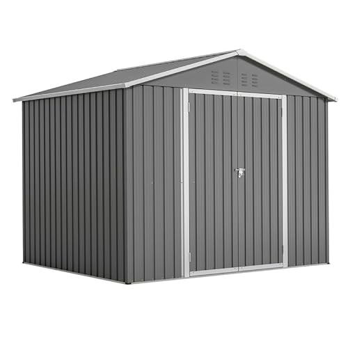 Solisburne Cobertizo de metal de 8 m³, cobertizo de jardín con puerta plegable, cobertizo para herramientas, puerta corredera y base, 229 x 180 x 191 cm, chapa de acero galvanizado, color gris