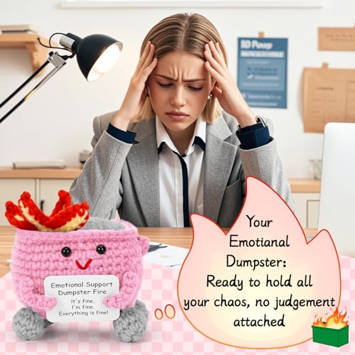 Image of Keyrose Emotional Support Dumpster Fire Crochet with Positive Card, a Cute Funny Handmade Knitted Doll Room Decor Crochet Animals Support Buddies Birthday Coworker Gifts for Women(Pink)