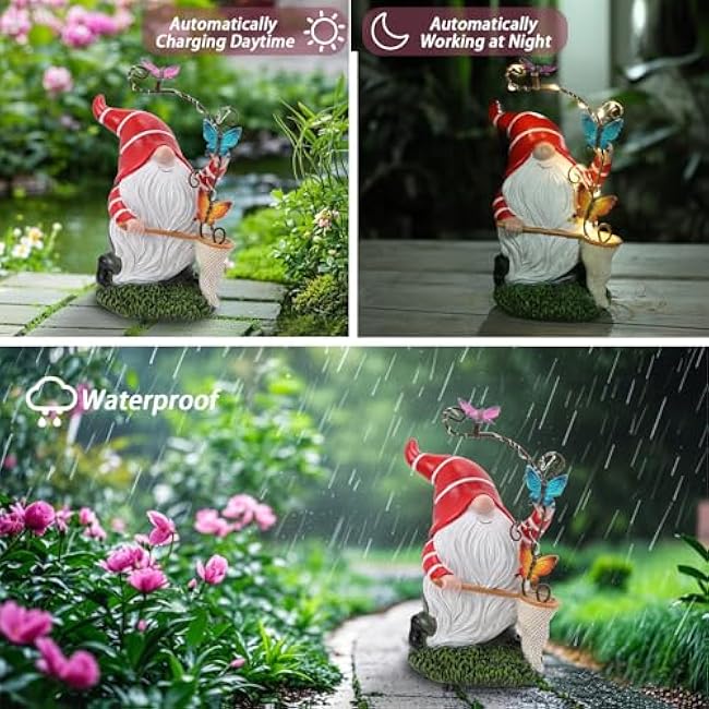 Garden Gnome Statue, Solar Funny Gnomes Figurine Catching Butterflies with LED Lights Waterproof Resin Outdoor Decor for Patio Lawn Yard Home Tabletop Decoration