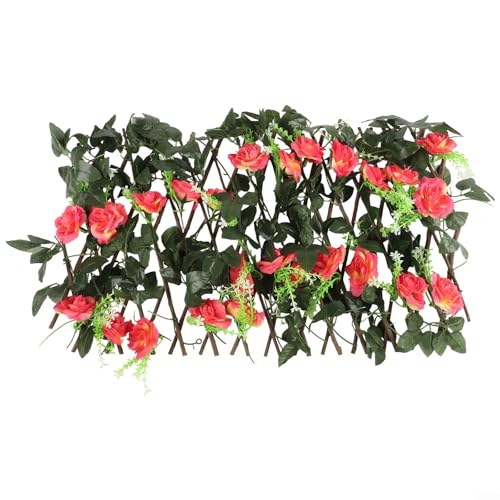 Bebykilemi Decorative Wooden Lattice Fence With Silk Flowers Extendable Privacy Screen Trellis For Garden Patio Wall Terrace Balcony Windowsill(Dark Pink)