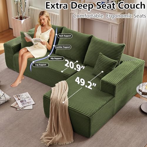 Image of 107 inch Cloud Sectional Couch with L-Shape Chaise, Modern Modular Comfy Sofa Chaise Longue, Upholstered Corduroy Couches Sleeper with Deep Seat for Living Room Bedroom, No Assembly Required, Green