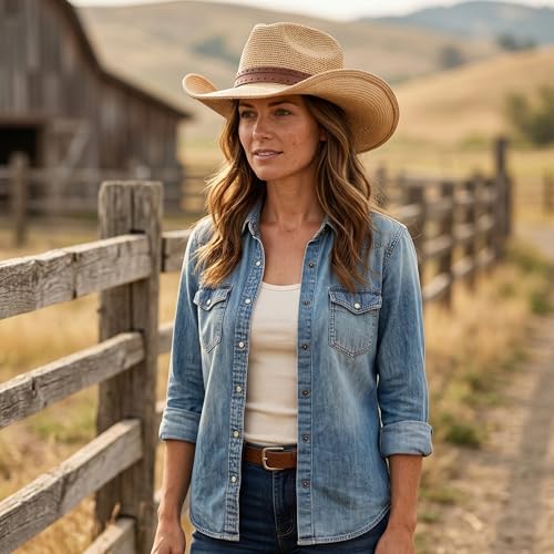 Image of Straw Cowboy Hats Cowgirl Hat Western Cowboy Hat Rancher Hat for Men Women, Exquisite Decoration Band