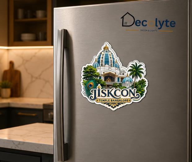 Image of Iskcon Temple Bangalore Theme Wooden Fridge Magnet Souvenir | 3x3 in Kitchen Home Decor Gift