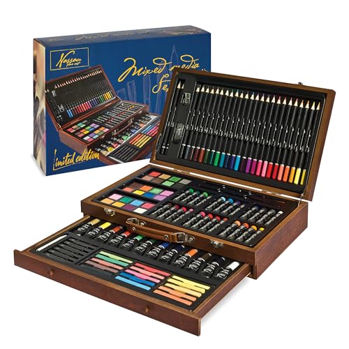 Nassau Fine Art Mallette de coloriage, 145 pièces, dans Une boîte de Rangement en métal, pour Enfants et Adultes, Crayons de Couleur, Aquarelle, Pastels,...
