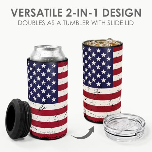 Image of American Flag Can Cooler 12oz - Travel Mug Cups - Stainless Steel Insulated for All - Tumbler Cans Koozie, Gift for Birthday, Christmas