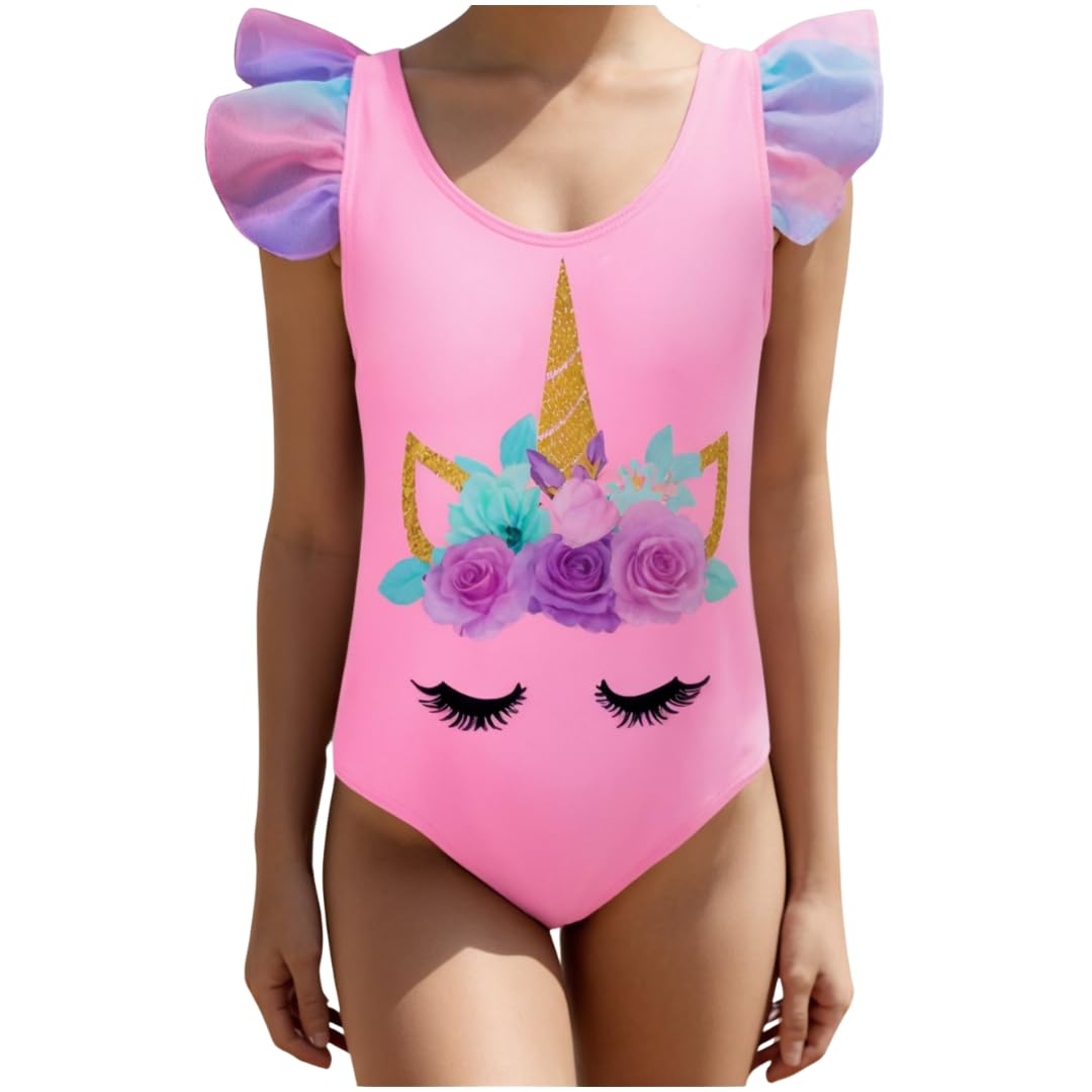 Bañador de Una Pieza para Niña – Traje de Baño con Estampado de Unicornio para Piscina o Playa – Ideal para Verano y Natación – Tallas 3 a 12 Años – Disponible en Rosa, Blanco y Azul