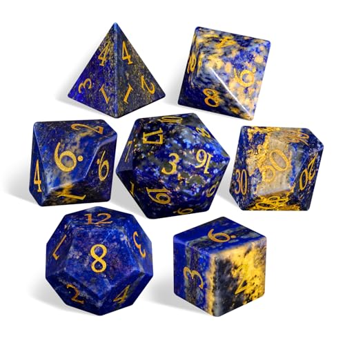 LUCKY-M Lot de 7 dés DND en lapis-lazuli avec étui pour jeu de rôle, dés naturels D&D D4, D6, D8, D10, D00, D12, D20