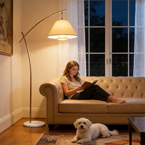 Image of Lightdot Arc Floor Lamp for Living Room, Modern Standing Tall Lamps with Double Linen Lampshade, Tall Hanging Pole Lamp with Bulb Included for Bedroom Sofa Beside /Corner Decor - Gold