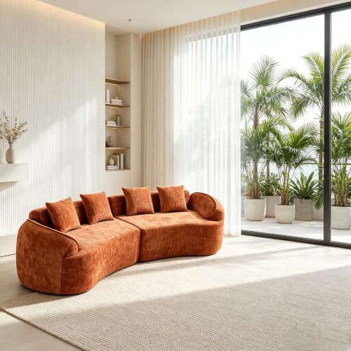 Image of 109-Inch Curved Boneless Modular Sofa Compressed 4-Seat Cloud Couch with 4 Pillows, Modern Curved Boneless Foam Sofa Floor Deep Seat Cloud Couch for Living Room Bedroom