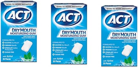 ACT Dry Mouth Moisturizing Gum, Soothing Mint, Sugar Free, 20 Count (Pack of 3)