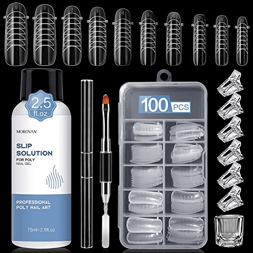 Morovan Nail Slip Solution Kit: 2.5 OZ Anti‑Stick Gel Liquid for PolyGel Nails with Dual‑Ended Brush & Nail Forms Ideal Easy Spread for Beginners